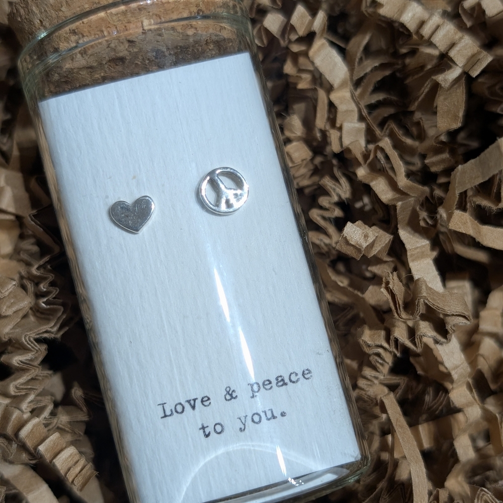 Silver Heart and Peace Sign Earrings